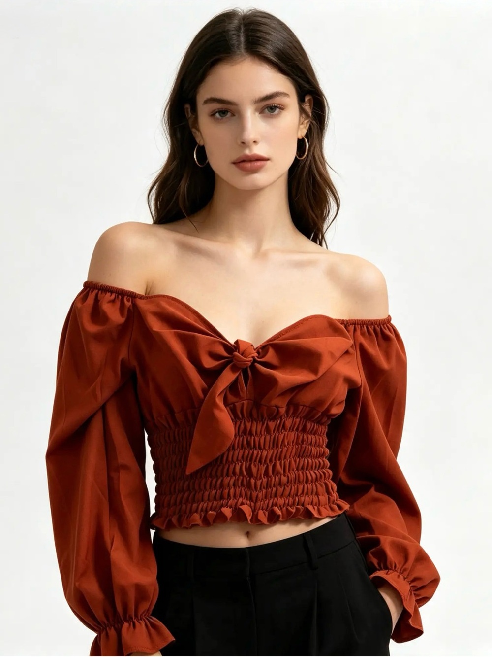 Amy Byer Rust Off-Shoulder Tie-Front Smocked Crop Top